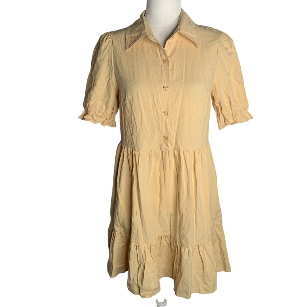 Roylamp Short Sleeve Ruffle Shirt Dress S Yellow Buttons Pockets Side Zipper NEW